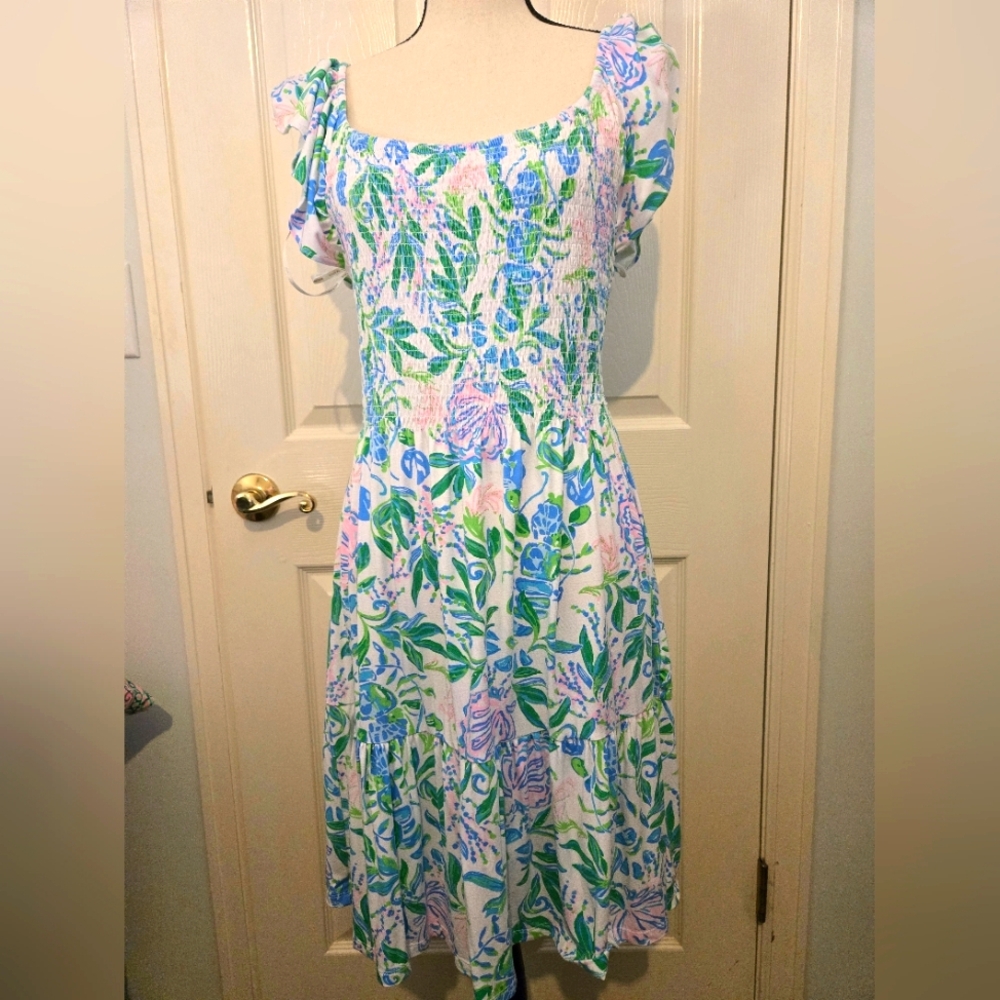 Lilly Pulitzer Jilly Smocked Dress Resort White Just A Pinch. Size Large.  EUC